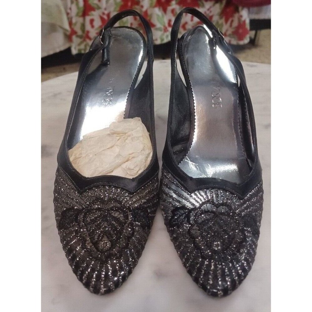 Vintage Socialites 3" Heels 9.5 M Black Slingback Mesh with Silver Glitter